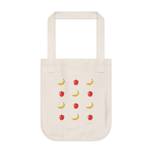Beige tote bag with fruit illustrations on a white background