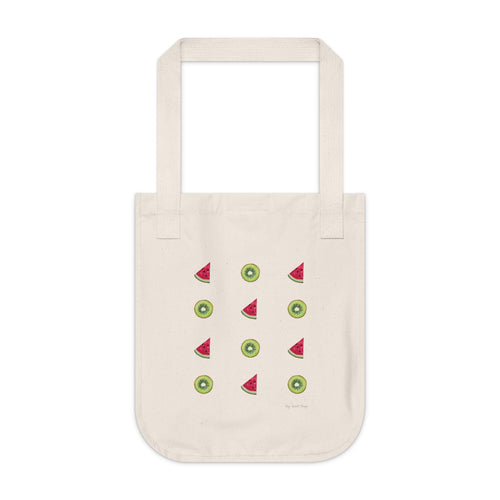 Beige tote bag with watermelon and kiwi pattern on a white background
